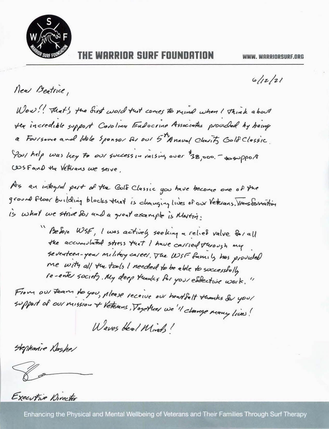 Letter from Warrior Surf Project